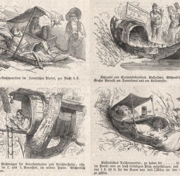 Vier Karikaturen zur Wohnsituation während der Weltausstellung von C. Reinhardt  (Ueber Land und Meer, Bd. 30, Wienbibliothek im Rathaus F-27.295)