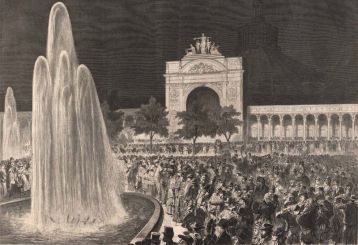 Das Weltausstellungsfest in Wien am 22. August: Die elektrische Beleuchtung der großen Springbrunnen vor dem Hauptportal des Ausstellungspalastes. Nach einer Zeichnung von L. v. Elliot (Illustrirte Zeitung, 1873, Wienbibliothek im Rathaus, F-23.720)