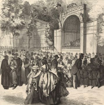Der Mozartplatz. Nach einer Zeichnung von L. v. Elliot  (Illustrirte Zeitung, Wienbibliothek im Rathaus, F-23.720)