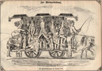 Ein Pferdebahnwaggon im Sommer 1873 (Kikeriki, 6. 2. 1873, Wienbibliothek im Rathaus, F-24.760)