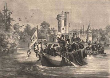 Der Schah von Persien auf dem Parkteich des Lustschlosses Laxenburg bei Wien Wildgänse jagend. Originalzeichnung von B. Katzler (Über Land und Meer, 1873, Wienbibliothek im Rathaus, F-27.295)