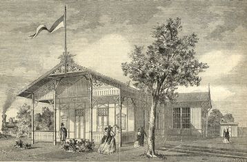 Pavillon der Nordwestbahn auf der Wiener Weltausstellung  (Allgemeine Illustrirte Weltausstellungs-Zeitung, Bd. 4, Wienbibliothek im Rathaus C-3.961)