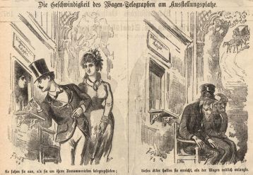 Die Geschwindigkeit des Wagen-Telegraphen am Ausstellungsplatze. So sahen sie aus, als sie um ihren Unnummerirten telegraphirten; dieses Alter hatten sie erreicht, als der Wagen endlich anlangte (Kikeriki, 26. 6. 1873, Wienbibliothek im Rathaus, F-24.760)